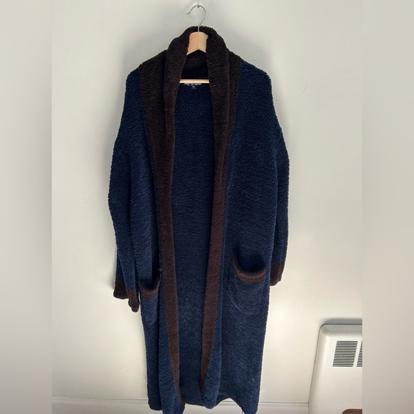 BAREFOOT DREAMS MENs Navy/brown lounge bath robe  missing belt M/L - Picture 1 of 9